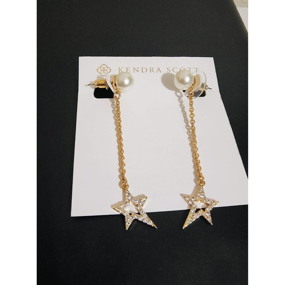 Kendra Scott Pearl Star Drop Earrings Gold Tone Chain Dangle Crystal Stars